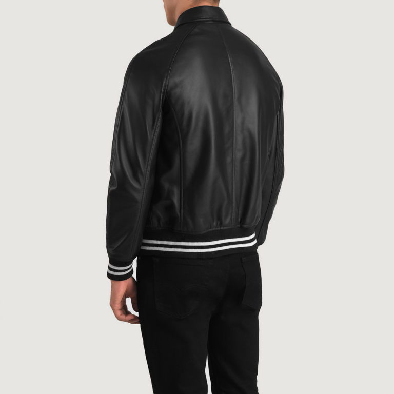 Mens Walton Black Leather Varsity Jacket Tilted Back-8-1704116535702